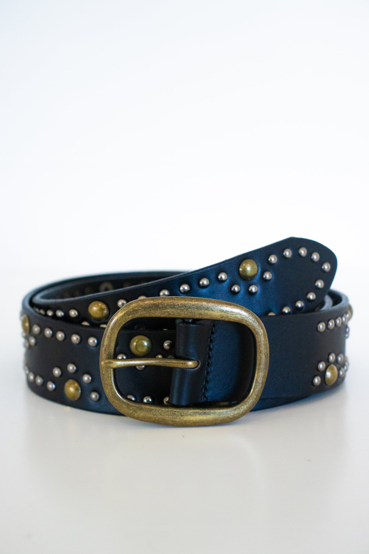 Black Aged Gold + Silver Studded Leather Belt
