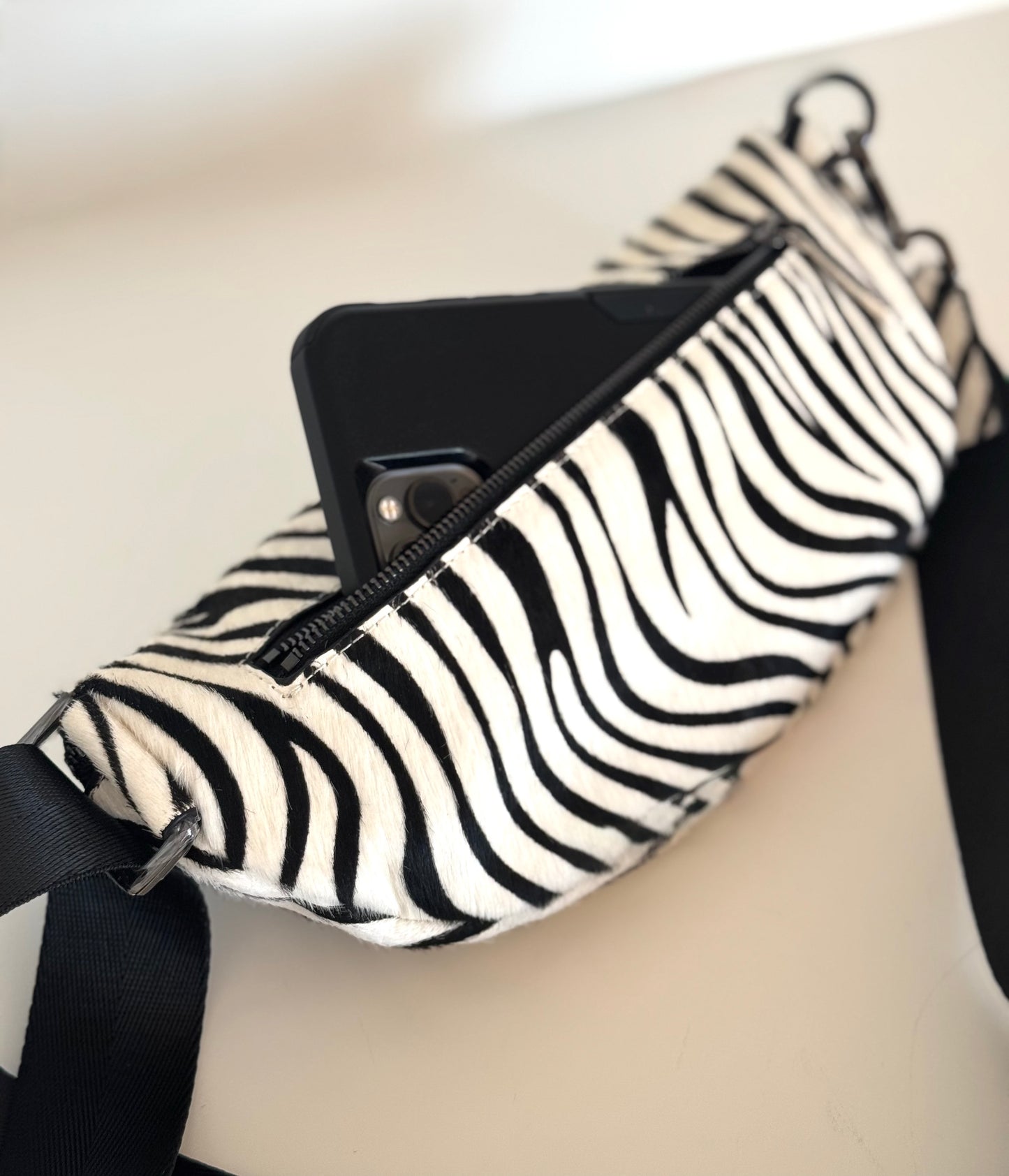 Zebra Print Hair on Hide Leather Crossbody|Belt Bag|