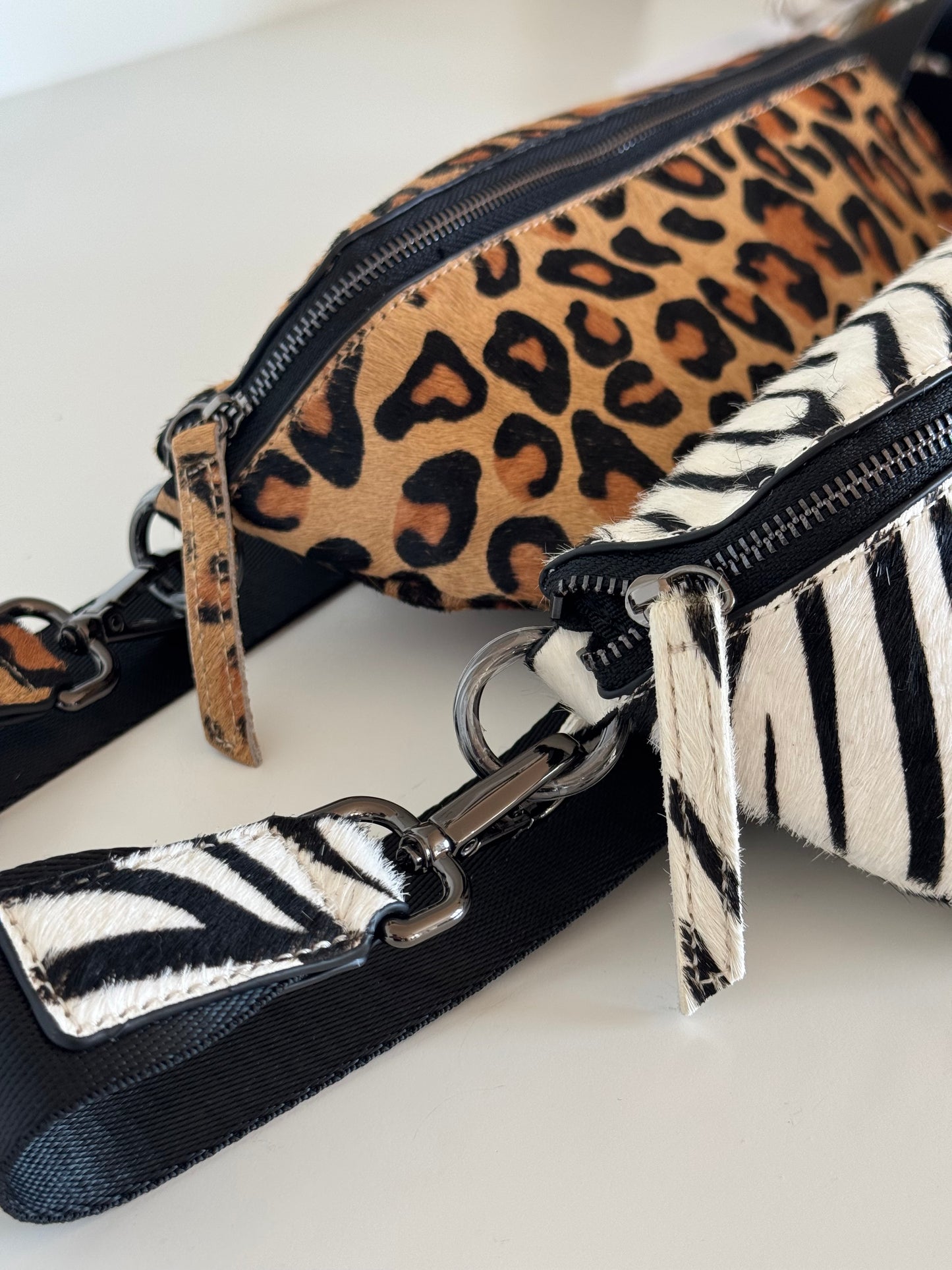 Zebra Print Hair on Hide Leather Crossbody|Belt Bag|