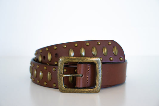 Cognac Aged Brass Studded Leather Belt