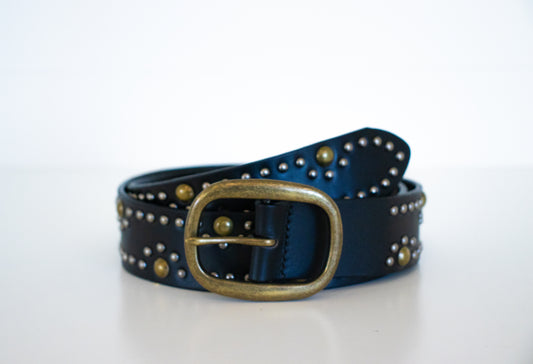 Black Aged Gold + Silver Studded Leather Belt